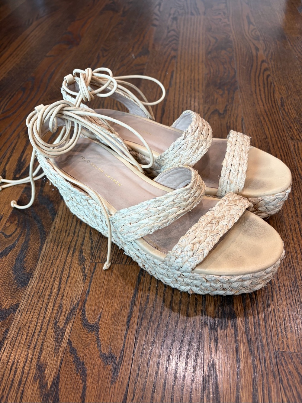 POLO RALPH LAUREN Natural Straw Woven Raffia Platform Leather Lace Up Sandals